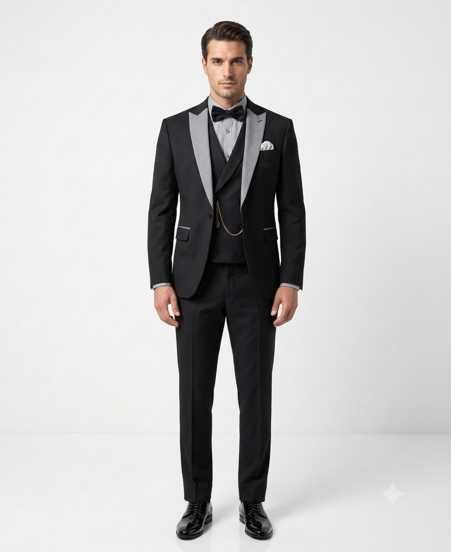 Mens Black And White Lapel 3 Piece Tuxedo Suit with Silver Gray Satin Lapel | Formal Wedding Prom Suit Set