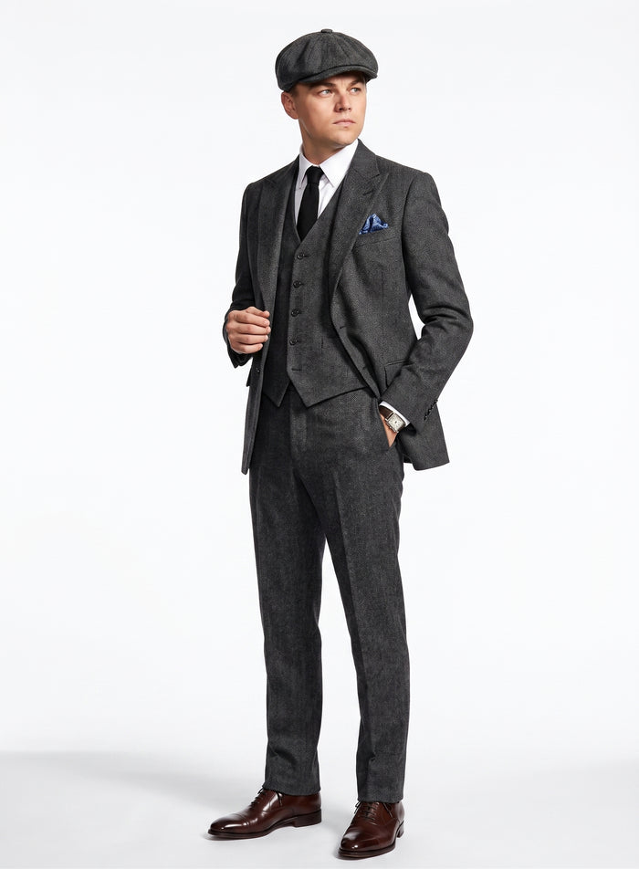 Men’s Charcoal 1920s Gangster 3 Piece Suit, Great Gatsby Formal Outfit for Weddings, Prom, Parties, and Theme Events