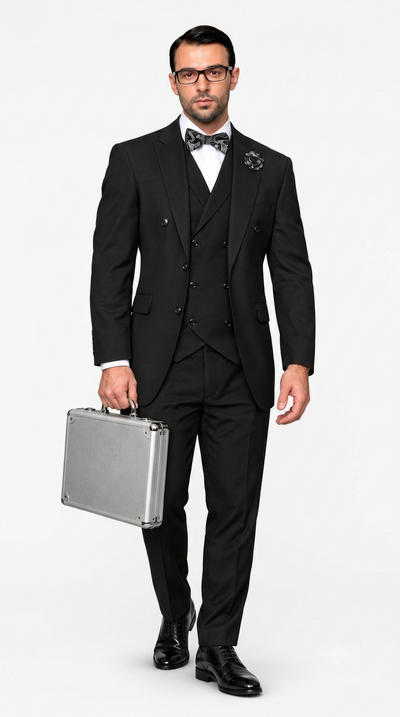Men’s 3 Piece Classic Fit Suit with Double-Breasted Vest and Pleated Pants - Black