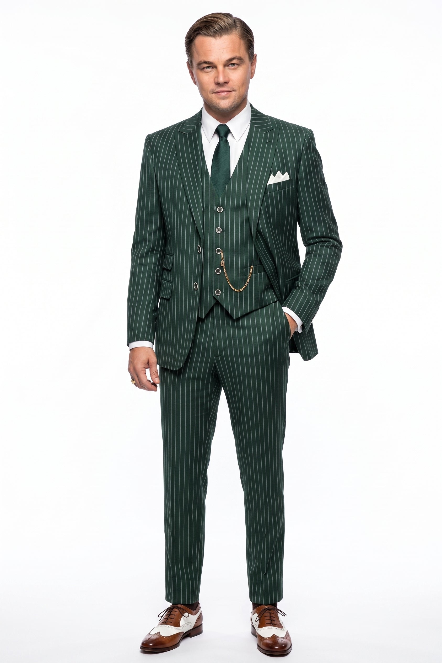 Men’s Hunter Green Pinstripe 1920s Gangster 3 Piece Suit, Great Gatsby Formal Outfit for Weddings, Prom, Parties, and Theme Events