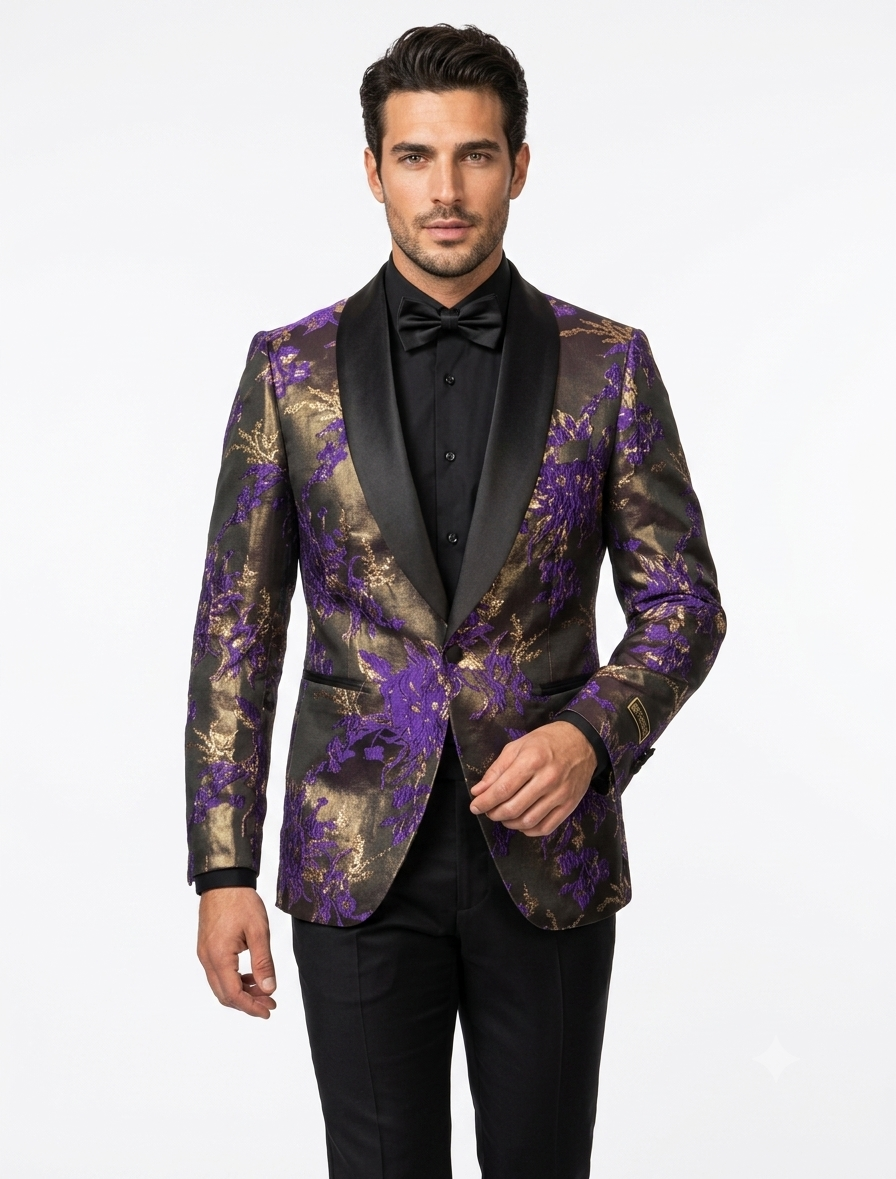 Mardi Gra Custom - Purple and Gold Two Toned Tuxedo - 38 Short Jacket+32 Waist Adjustable 28to34)(Height: 5’4”to5’7”)(Neck 15-16.5)S-M)
