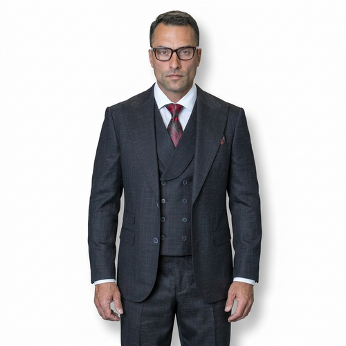 Mens Ticket Pocket Peak Lapel Double breasted Vest 100% Wool Tom Ford Style Modern Fit in Color "Black" By Statement
