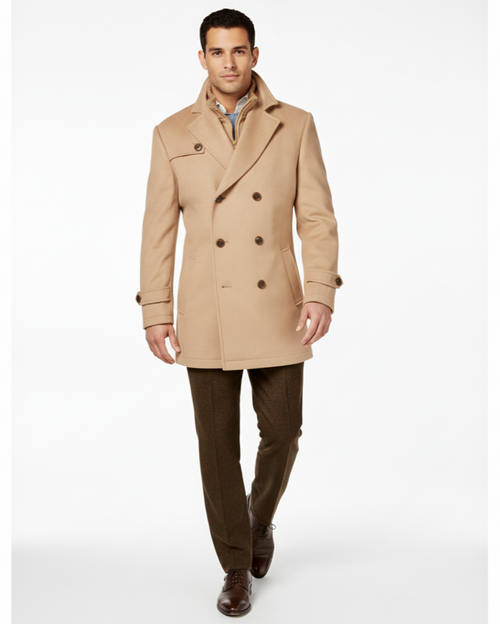 Camel Double-Breasted Wool-Blend Peacoat with Knit Bib