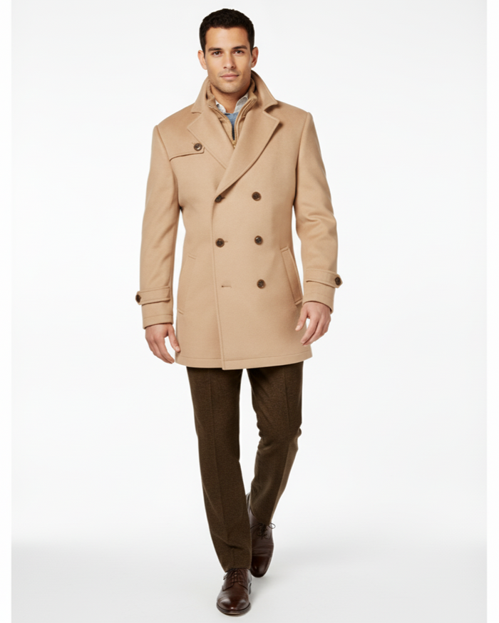 Camel Double-Breasted Wool-Blend Peacoat with Knit Bib