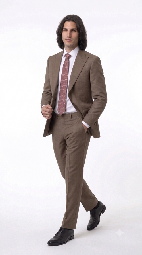 Statement Men's Modern Fit 2 Piece 100% Super 200 Wool Suit Peak Lapel in Taupe - image 9