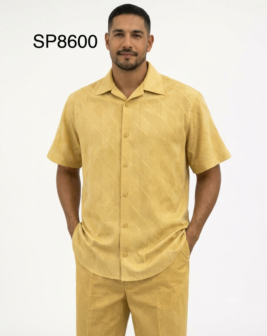 Men’s Light Mustard Linen Walking Suit Set – 2 Piece Short Sleeve Casual Outfit - S