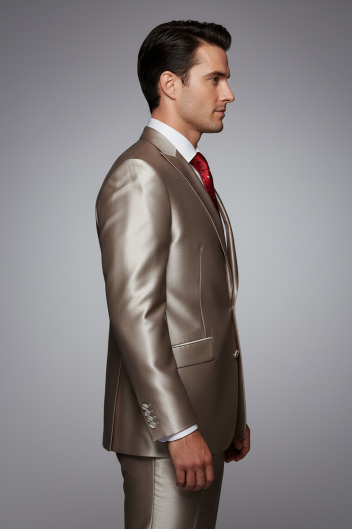 2 Button Style Jacket Flat Front Pants Notch Collar- Shiny suit