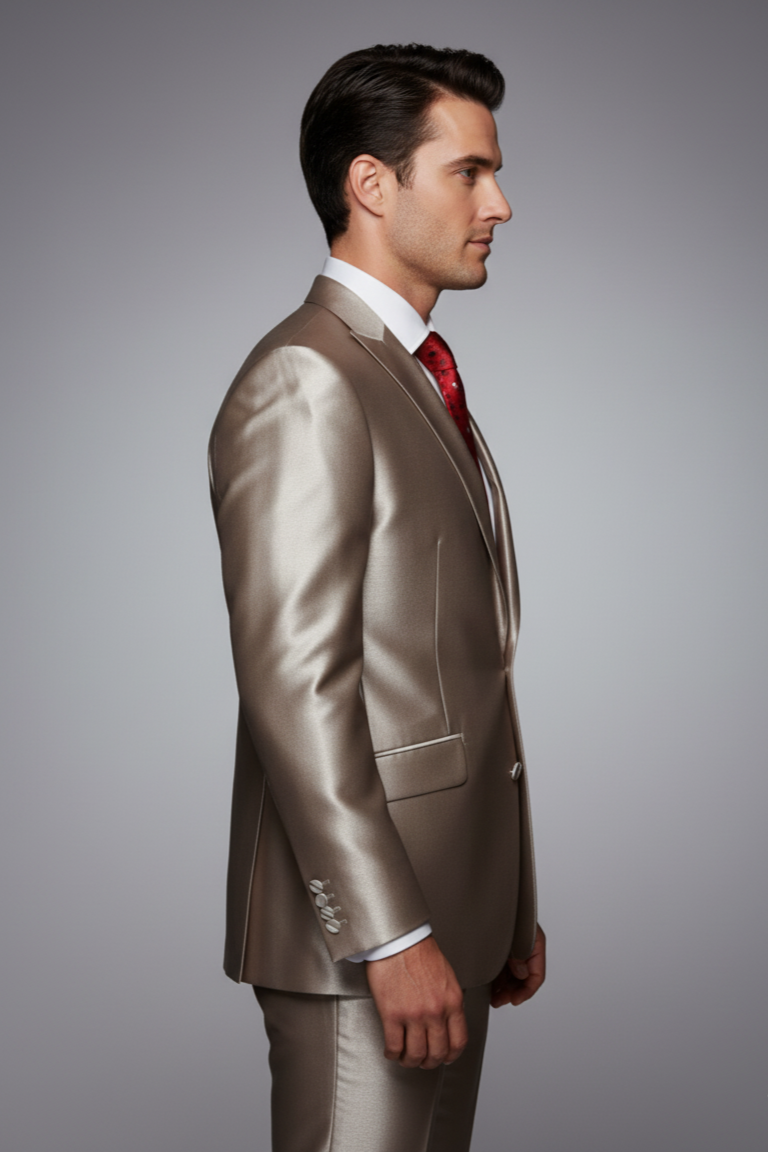 2 Button Style Jacket Flat Front Pants Notch Collar- Shiny suit - 36 Short