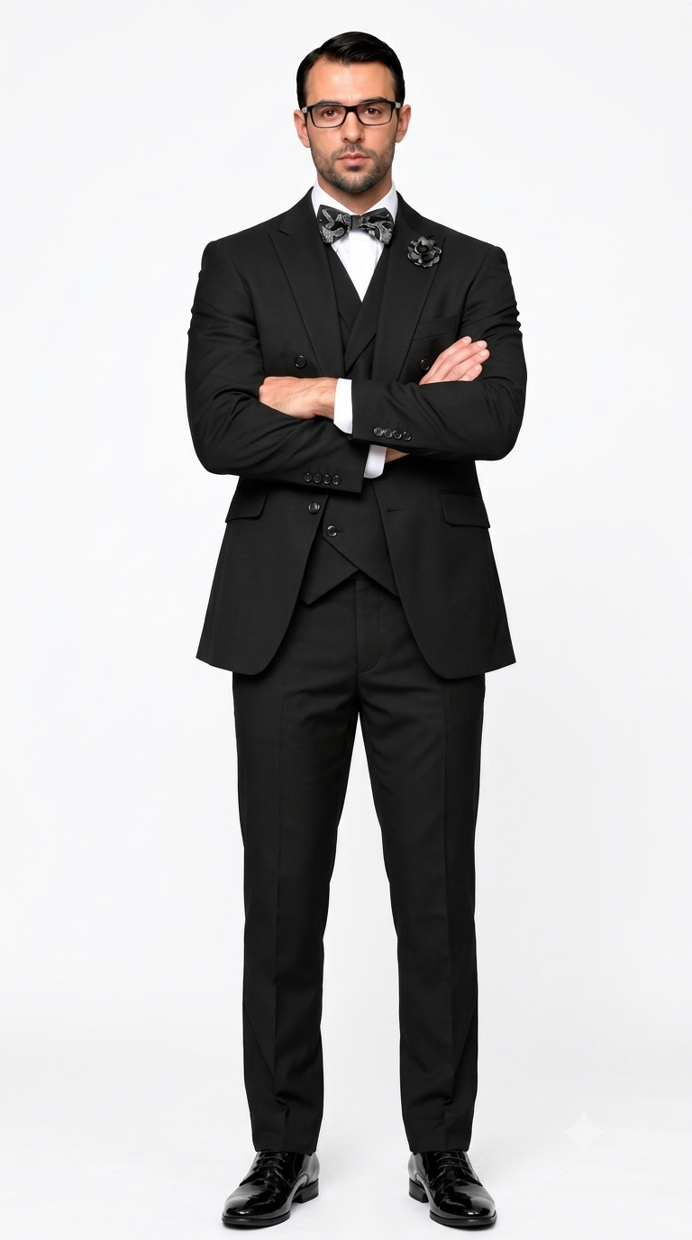 Men’s 3 Piece Classic Fit Suit with Double-Breasted Vest and Pleated Pants - Black