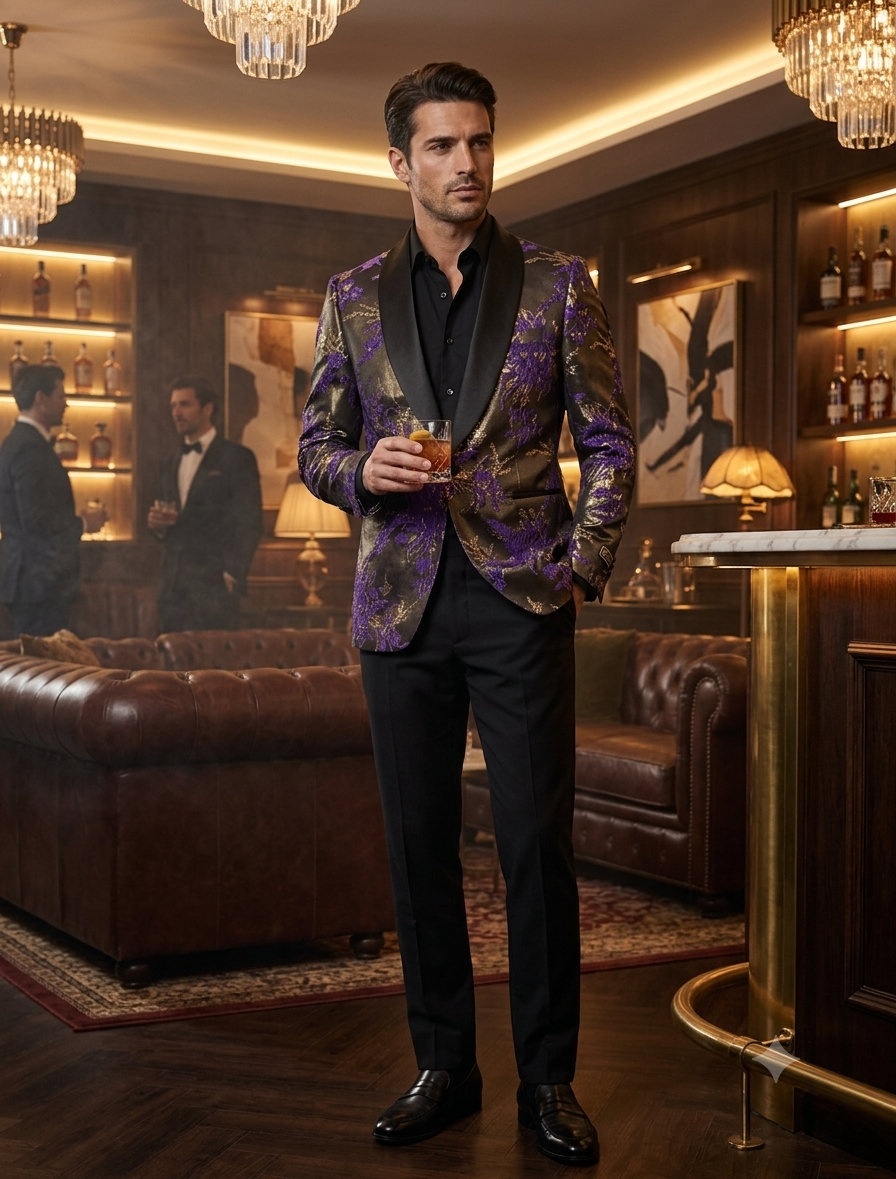 Mardi Gra Custom - Purple and Gold Two Toned Tuxedo - 38 Short Jacket+32 Waist Adjustable 28to34)(Height: 5’4”to5’7”)(Neck 15-16.5)S-M)