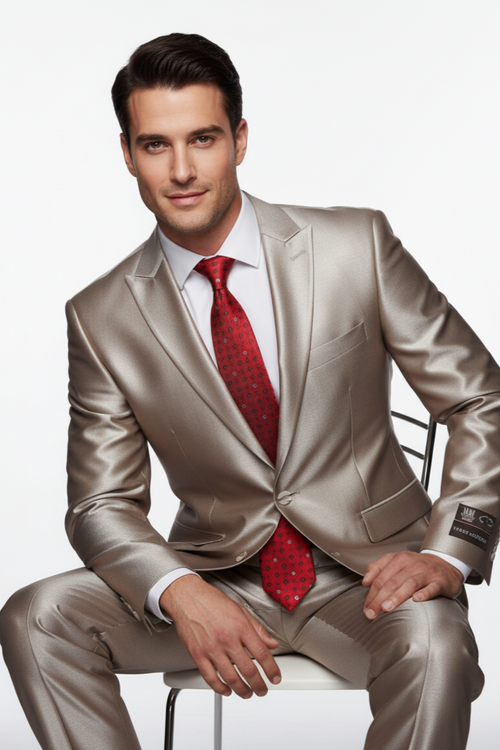 2 Button Style Jacket Flat Front Pants Notch Collar- Shiny suit