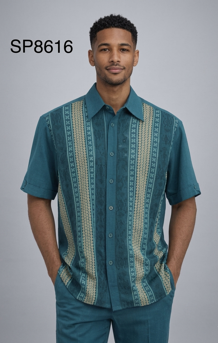 Men’s Teal Vertical Pattern Walking Suit Set – 2 Piece Short Sleeve Casual Outfit - S