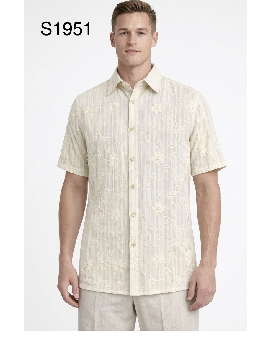Men’s Cream Abstract Stripe Walking Suit Set – 2 Piece Short Sleeve Casual Outfit - S