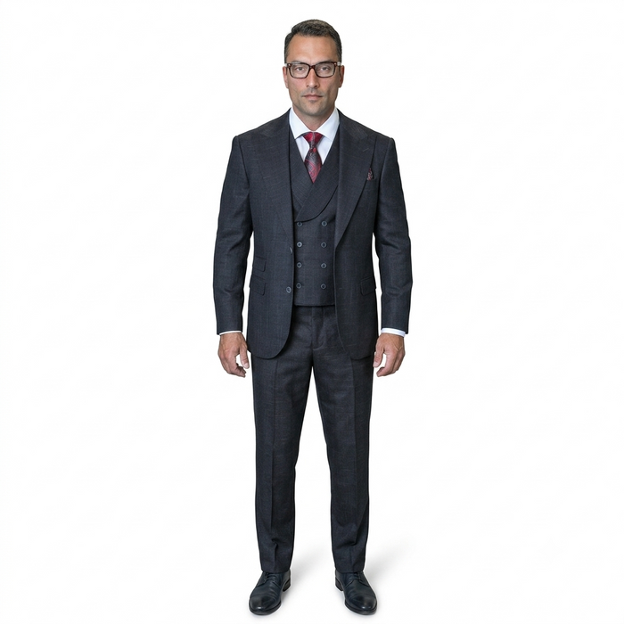 Mens Ticket Pocket Peak Lapel Double breasted Vest 100% Wool Tom Ford Style Modern Fit in Color "Black" By Statement