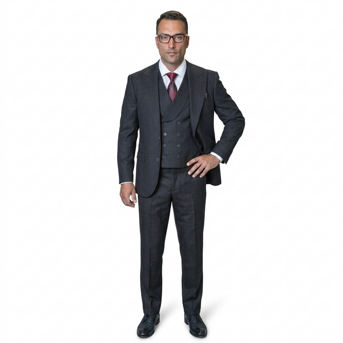 Mens Ticket Pocket Peak Lapel Double breasted Vest 100% Wool Tom Ford Style Modern Fit in Color "Black" By Statement
