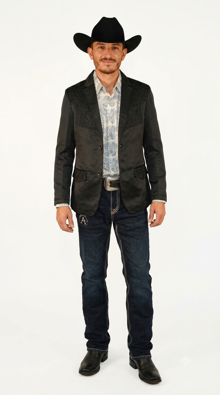 Mens Cowboy Blazer - Western Jacket in Color "Black with Wine Embroidery" Ultra Slim Fitted (Buy 1 Size UP)