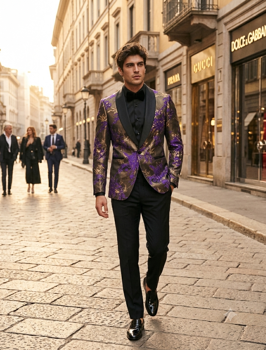 Mardi Gra Custom - Purple and Gold Two Toned Tuxedo - 38 Short Jacket+32 Waist Adjustable 28to34)(Height: 5’4”to5’7”)(Neck 15-16.5)S-M)
