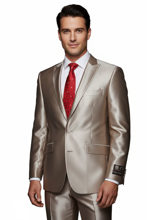 2 Button Style Jacket Flat Front Pants Notch Collar- Shiny suit