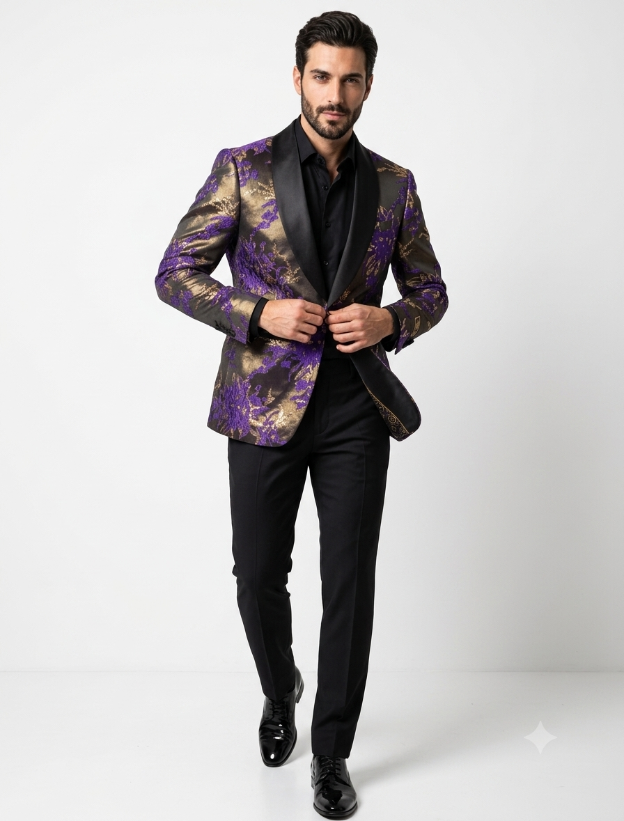 Mardi Gra Custom - Purple and Gold Two Toned Tuxedo - 38 Short Jacket+32 Waist Adjustable 28to34)(Height: 5’4”to5’7”)(Neck 15-16.5)S-M)