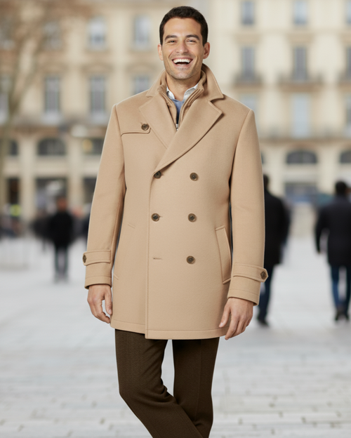 Camel Double-Breasted Wool-Blend Peacoat with Knit Bib