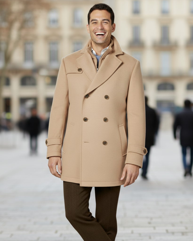 Camel Double-Breasted Wool-Blend Peacoat with Knit Bib - Coat Size 38