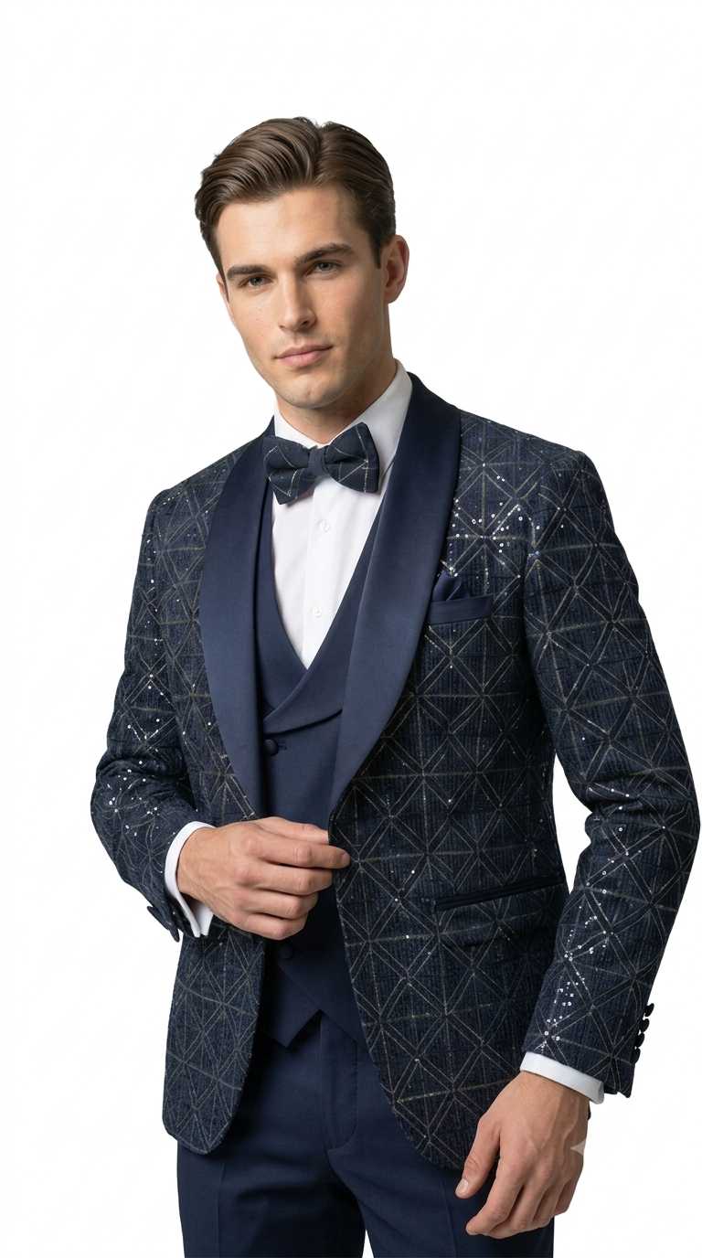 Men's Navy Blue Velvet Patterned Shawl Lapel Tuxedo Set for Wedding & Prom