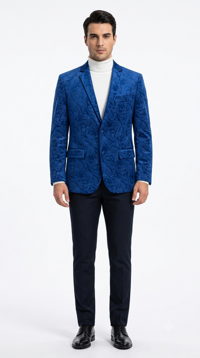 Men’s Velvet Paisley Blazer 2-Button Regular Fit with Notch Lapel - Blue