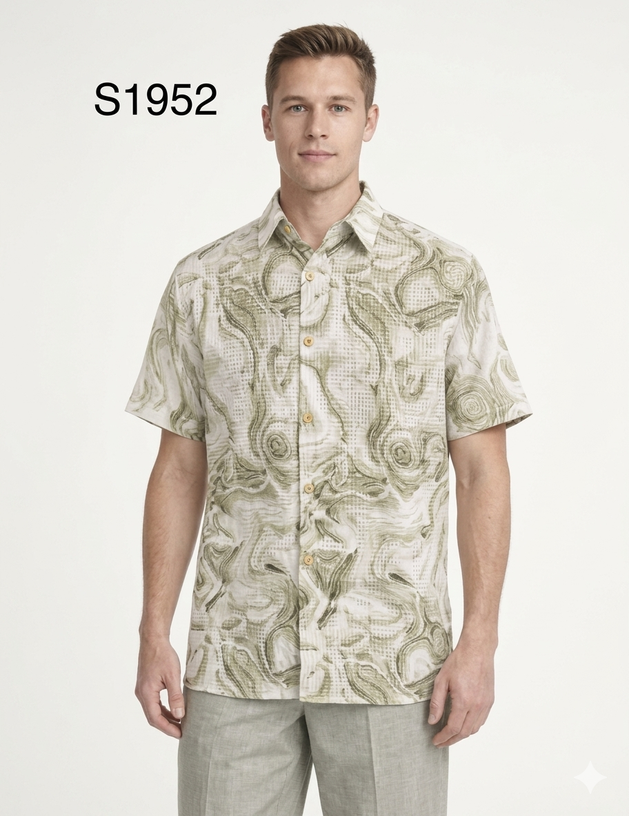 Men’s Sage Green Abstract Print Walking Suit Set – 2 Piece Short Sleeve Casual Outfit - S