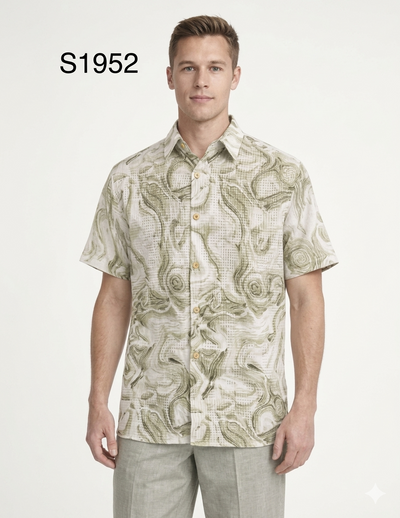 Men’s Sage Green Abstract Print Walking Suit Set – 2 Piece Short Sleeve Casual Outfit