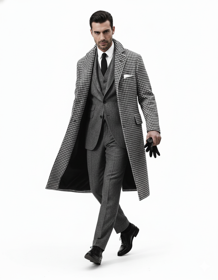 Houndstooth Overcoat - Black and White Checker And Cashmere Fabric Topcoat By Alberto Nardoni-New Designer Collection