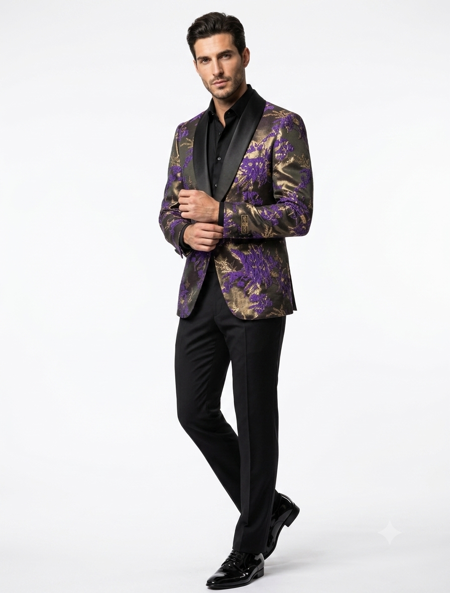 Mardi Gra Custom - Purple and Gold Two Toned Tuxedo - 38 Short Jacket+32 Waist Adjustable 28to34)(Height: 5’4”to5’7”)(Neck 15-16.5)S-M)