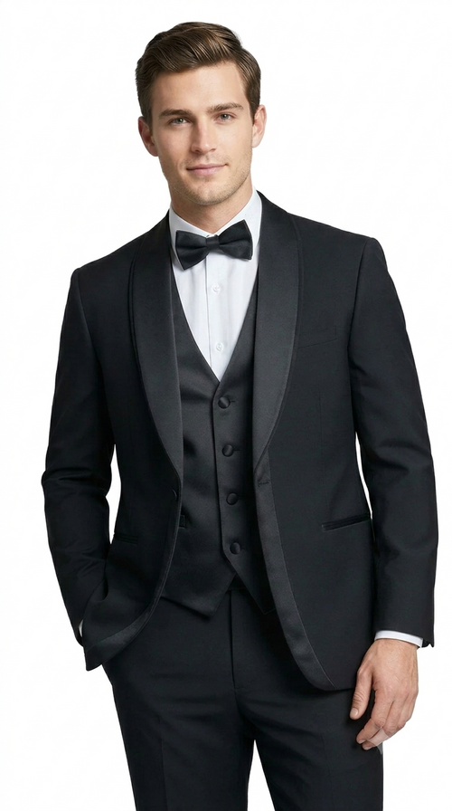 Men's Black Double Shawl Lapel Tuxedo with Satin Trim for Wedding & Prom