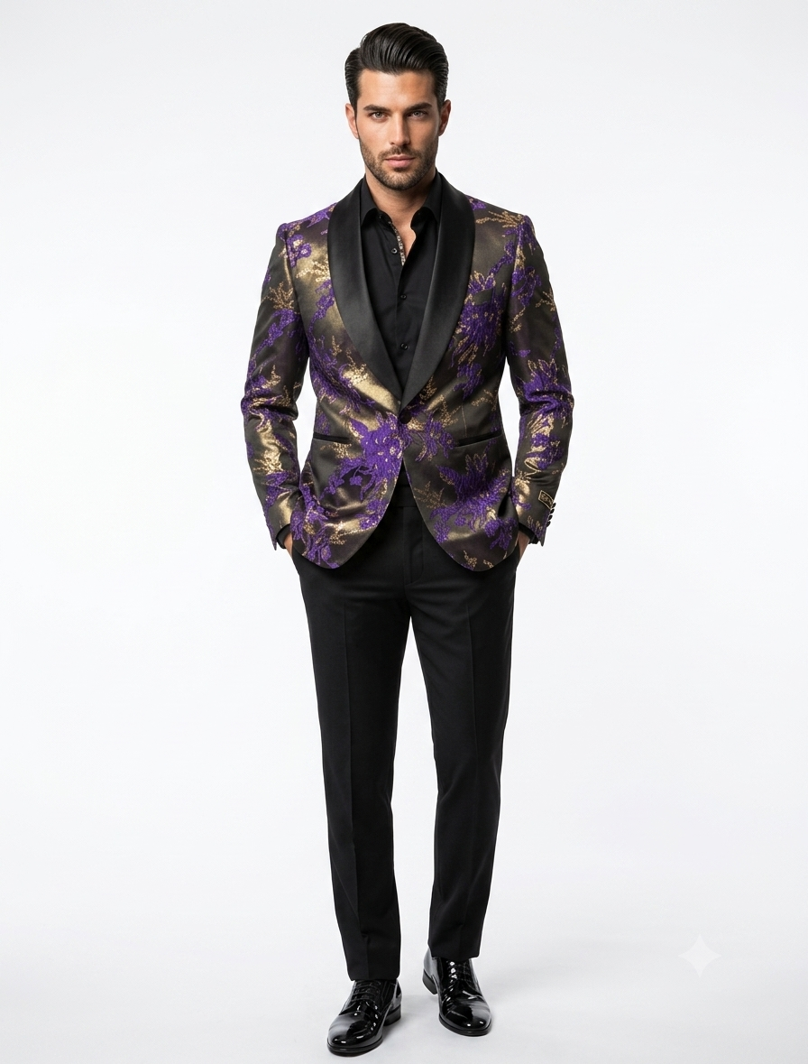 Mardi Gra Custom - Purple and Gold Two Toned Tuxedo - 38 Short Jacket+32 Waist Adjustable 28to34)(Height: 5’4”to5’7”)(Neck 15-16.5)S-M)
