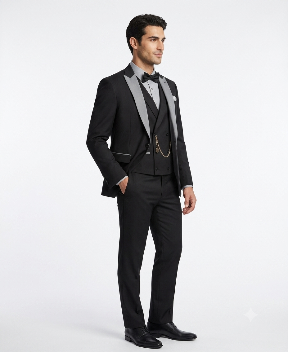 Mens Black And White Lapel 3 Piece Tuxedo Suit with Silver Gray Satin Lapel | Formal Wedding Prom Suit Set