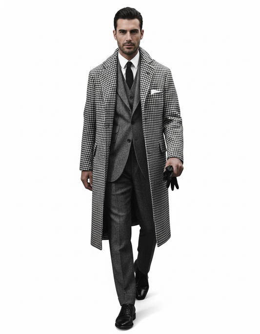Houndstooth Overcoat - Black and White Checker And Cashmere Fabric Topcoat By Alberto Nardoni-New Designer Collection