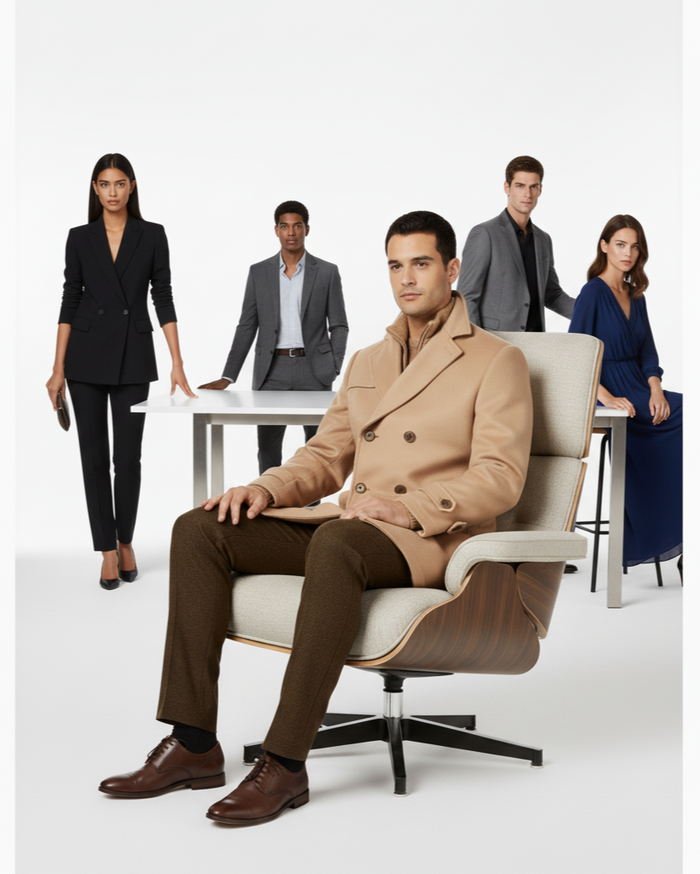 Camel Double-Breasted Wool-Blend Peacoat with Knit Bib