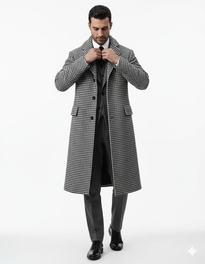 Houndstooth Overcoat - Black and White Checker And Cashmere Fabric Topcoat By Alberto Nardoni-New Designer Collection