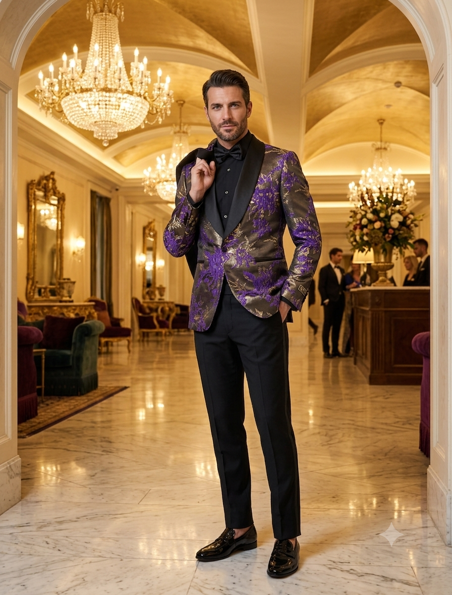 Mardi Gra Custom - Purple and Gold Two Toned Tuxedo - 38 Short Jacket+32 Waist Adjustable 28to34)(Height: 5’4”to5’7”)(Neck 15-16.5)S-M)