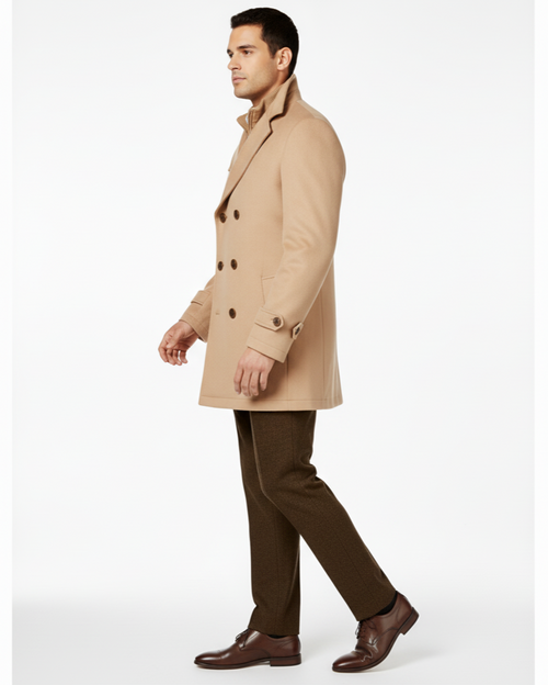 Camel Double-Breasted Wool-Blend Peacoat with Knit Bib