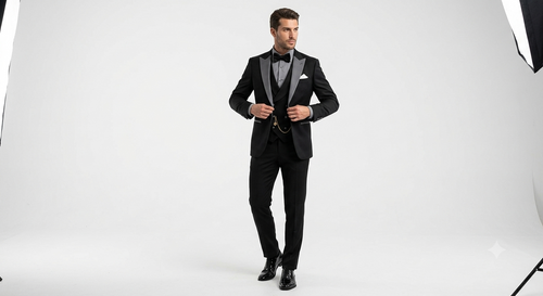Mens Black And White Lapel 3 Piece Tuxedo Suit with Silver Gray Satin Lapel | Formal Wedding Prom Suit Set