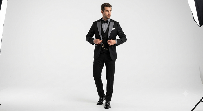 Mens Black And White Lapel 3 Piece Tuxedo Suit with Silver Gray Satin Lapel | Formal Wedding Prom Suit Set