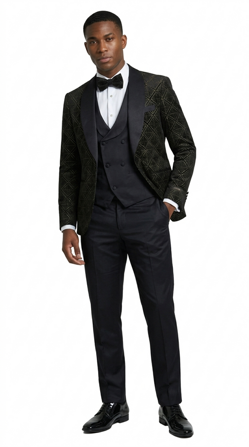 Men's Black & Gold Velvet Patterned Shawl Lapel Tuxedo Set for Wedding & Prom