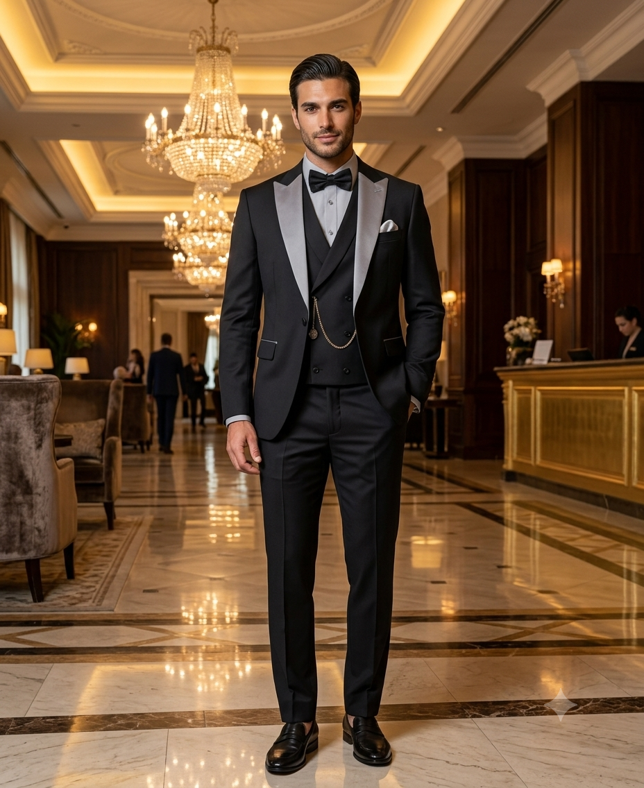 Mens Black And White Lapel 3 Piece Tuxedo Suit with Silver Gray Satin Lapel | Formal Wedding Prom Suit Set