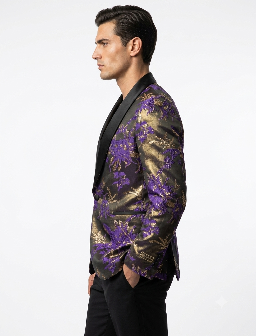 Mardi Gra Custom - Purple and Gold Two Toned Tuxedo - 38 Short Jacket+32 Waist Adjustable 28to34)(Height: 5’4”to5’7”)(Neck 15-16.5)S-M)