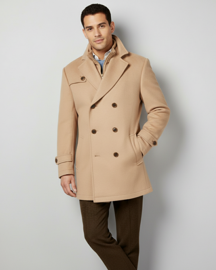 Camel Double-Breasted Wool-Blend Peacoat with Knit Bib
