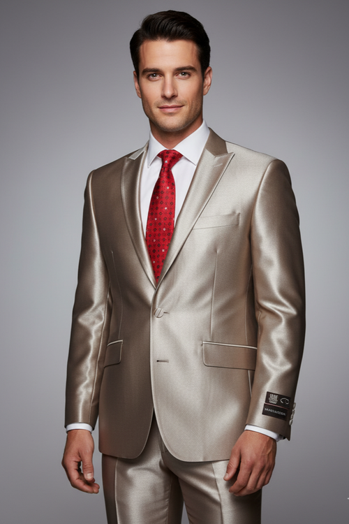 2 Button Style Jacket Flat Front Pants Notch Collar- Shiny suit