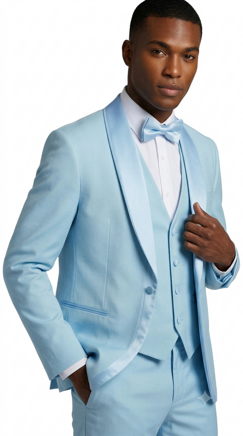 Men's Light Blue Double Shawl Lapel Tuxedo with Satin Trim for Wedding & Prom