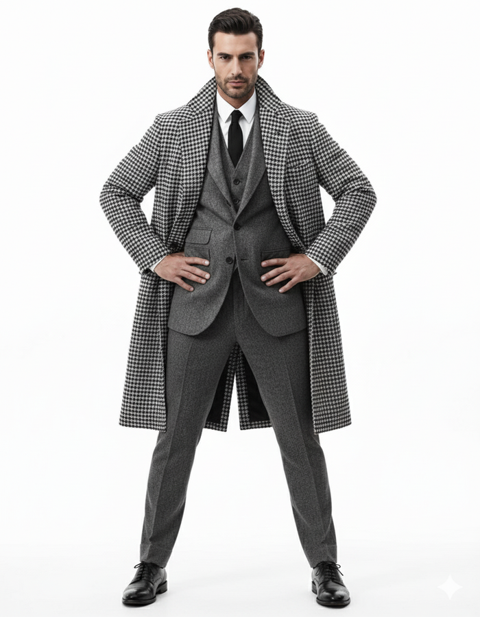 Houndstooth Overcoat - Black and White Checker And Cashmere Fabric Topcoat By Alberto Nardoni-New Designer Collection