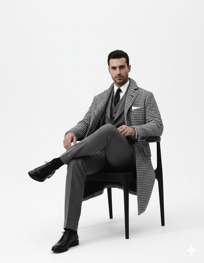 Houndstooth Overcoat - Black and White Checker And Cashmere Fabric Topcoat By Alberto Nardoni-New Designer Collection