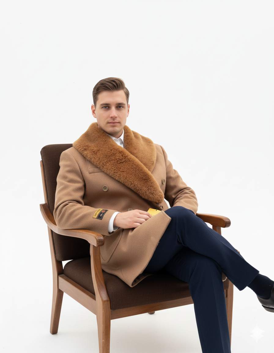 Mens Camel Color Peacoat - Mens Wool Camel Peacoat - Coat Size 38